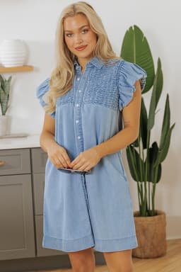 image-Beau Blue Denim Mini Dress with Flutter Sleeves and Shirred Detail