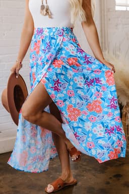 image-Sky Blue Floral High Waist Split Wrap Skirt