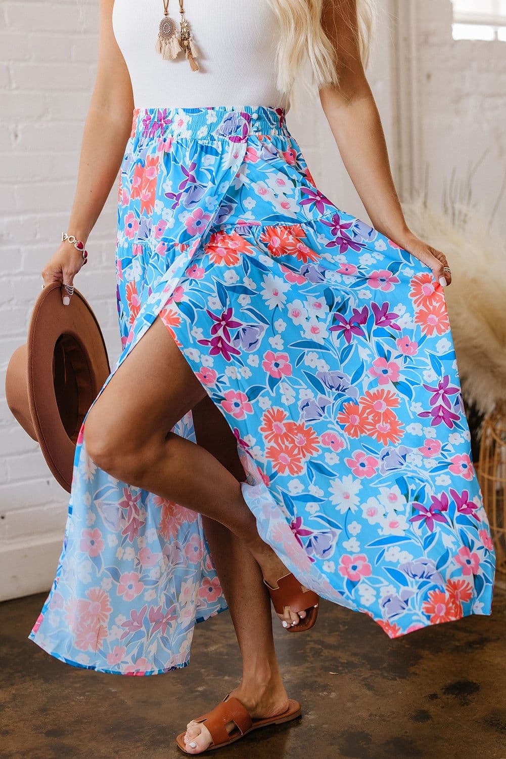 image-Sky Blue Floral High Waist Split Wrap Skirt