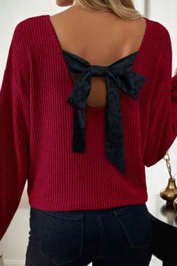 image-Racing Red Ribbed V Neck Bow Back Long Sleeve Top
