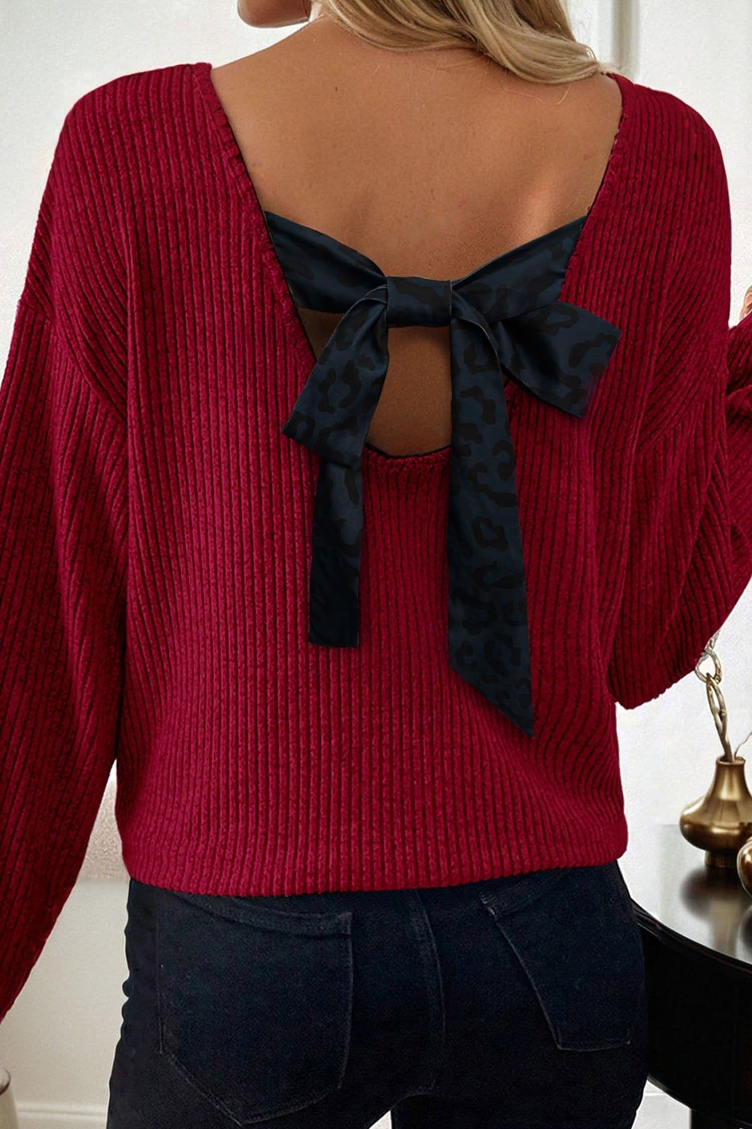 image-Racing Red Ribbed V Neck Bow Back Long Sleeve Top