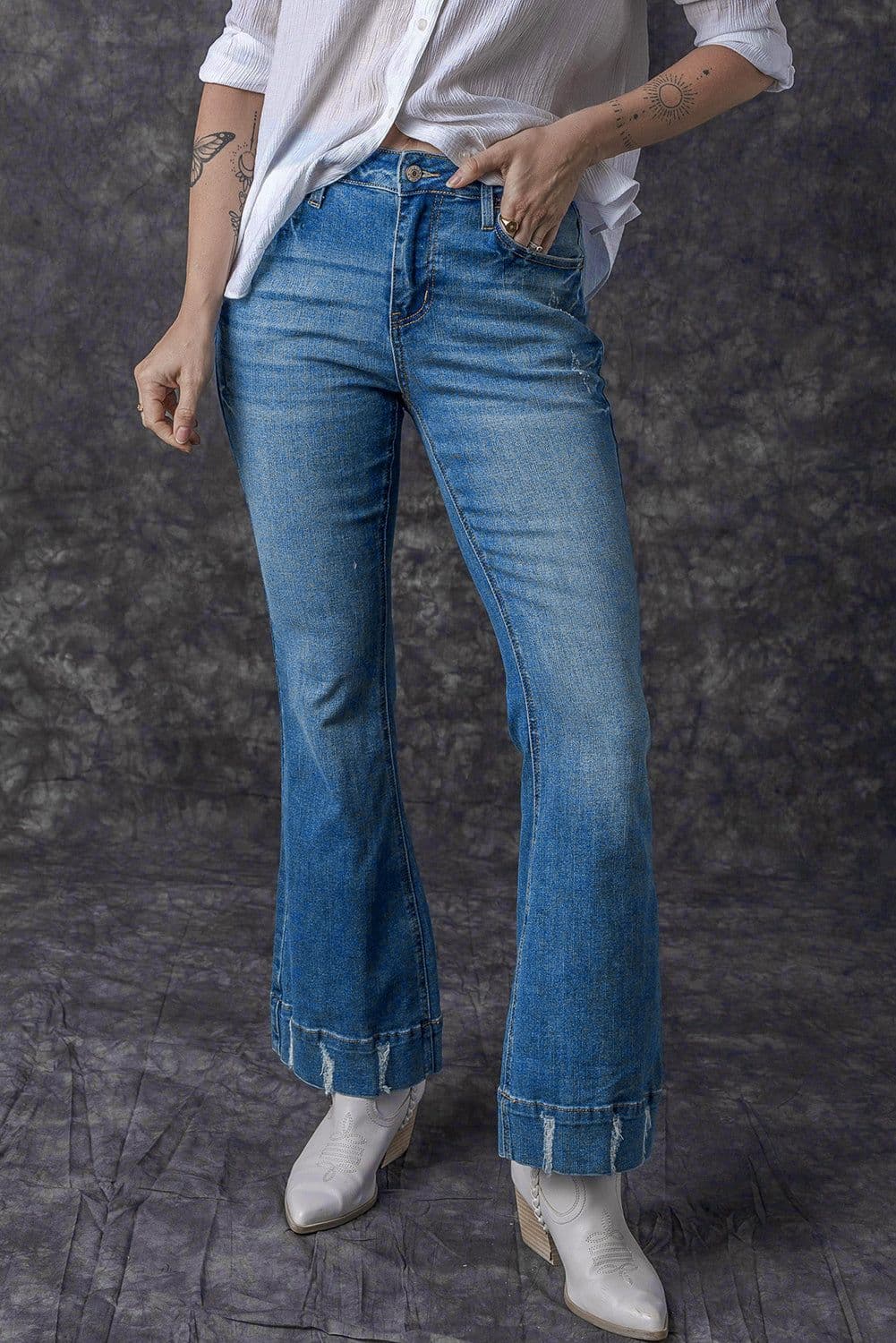 image-Sky Blue Distressed Medium Wash Flare Jeans (65 characters)