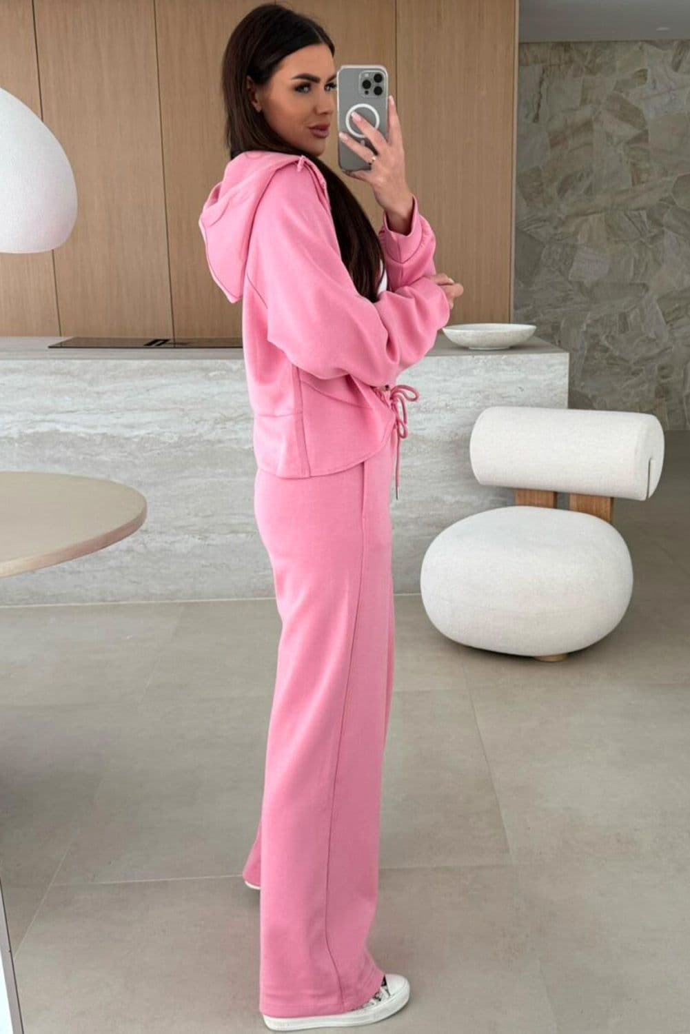 image-Pink Solid Color Zip Up Hoodie Drawstring Loose Pants Set