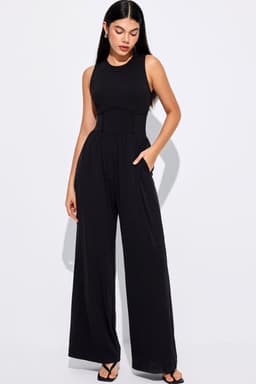 image-Black Cinched Waist Sleeveless Wide Leg Jumpsuit
