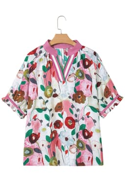 image-Pink V Neck Puff Sleeve Plus Size Floral Blouse