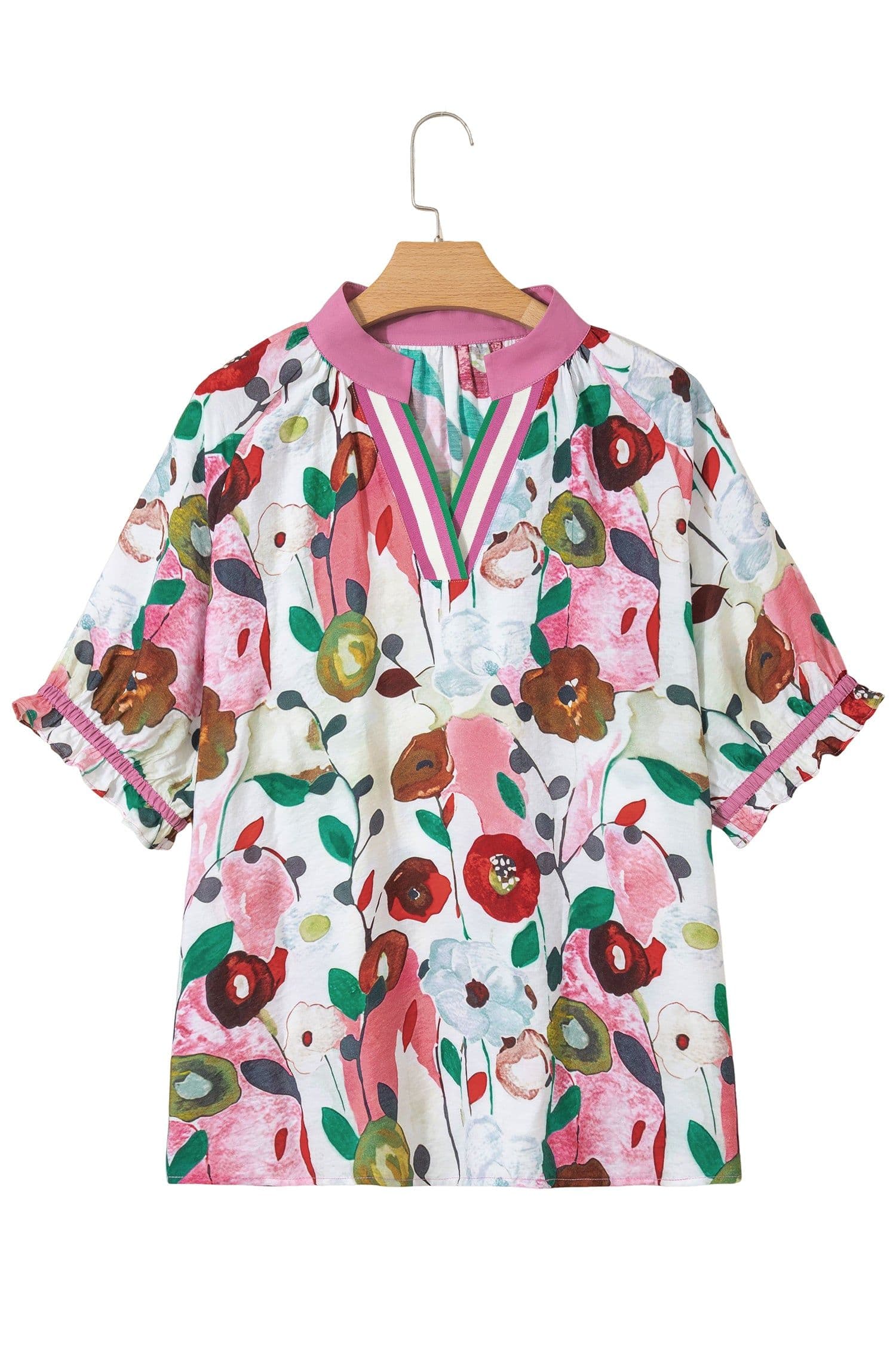 image-Pink V Neck Puff Sleeve Plus Size Floral Blouse