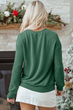 image-Blackish Green Twisted Rib Outlined Merry Letter Graphic Loose Long Sleeve Top