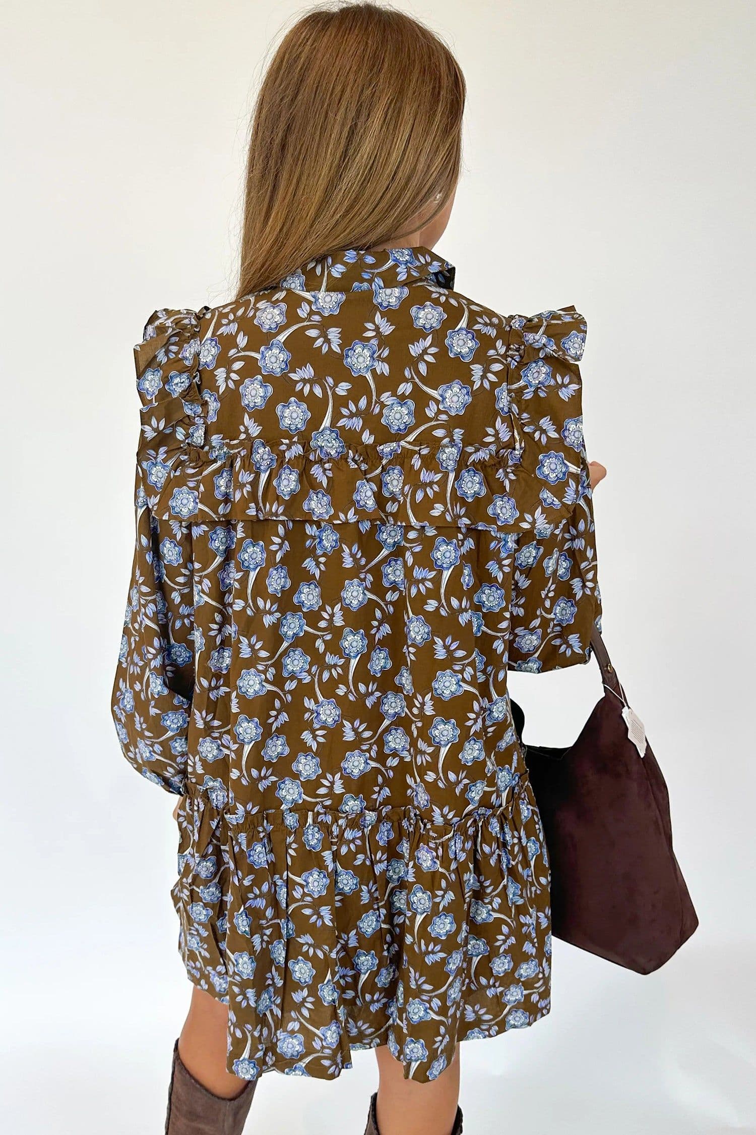 image-Brown Floral Print Ruffled Detail Shirt Collar Button Down Long Sleeve Dress