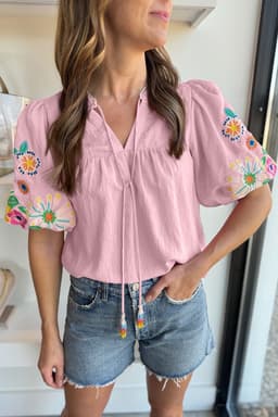 image-Pink Floral Embroidered Puff Sleeve Blouse with Split Neck & Tie Detail