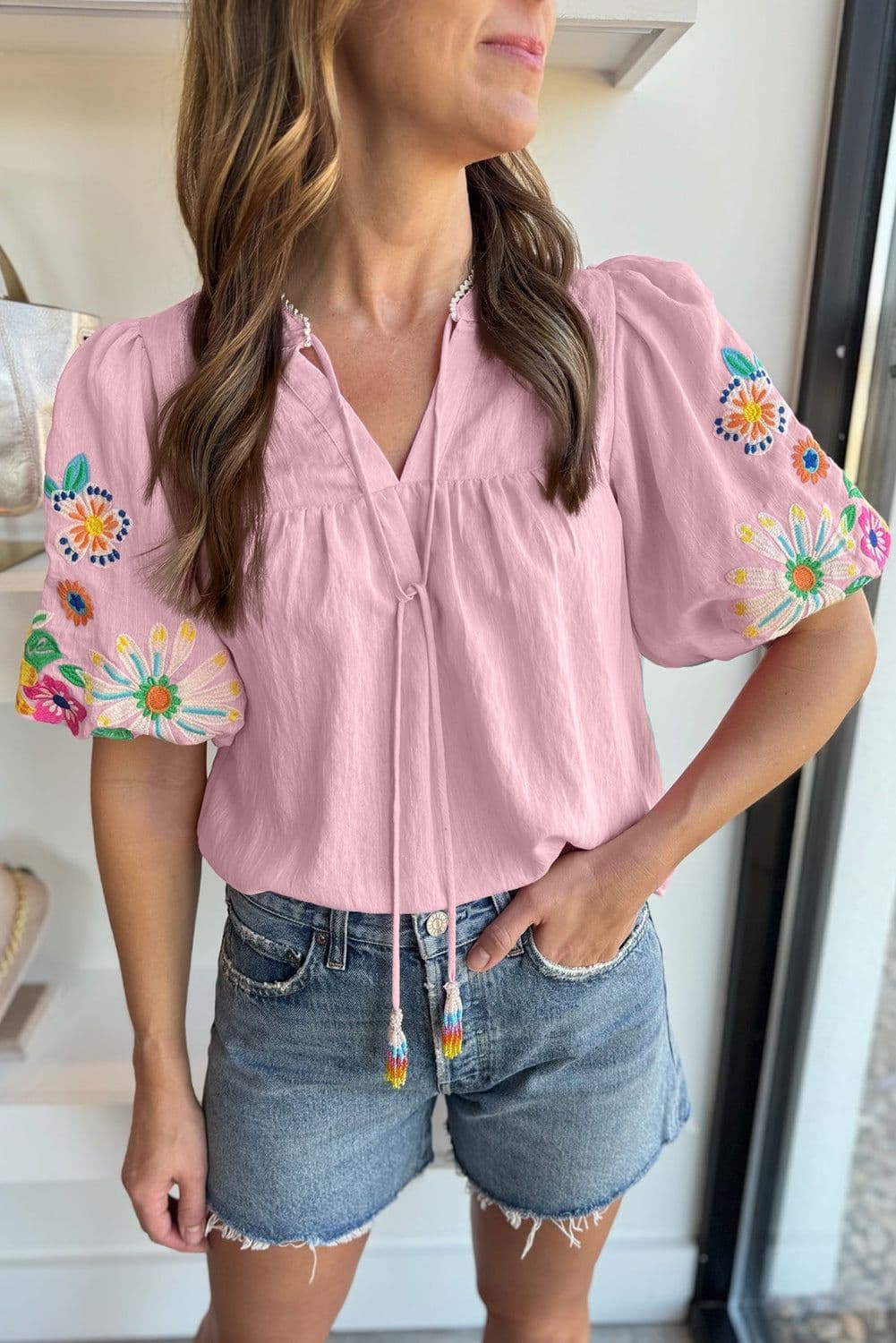 image-Pink Floral Embroidered Puff Sleeve Blouse with Split Neck & Tie Detail