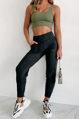 image-Black High Waist Joggers with Exposed Seam & Pockets