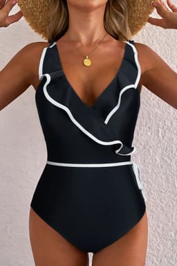 image-Black Ruffled Wrap V-Neck Swimsuit Contrast