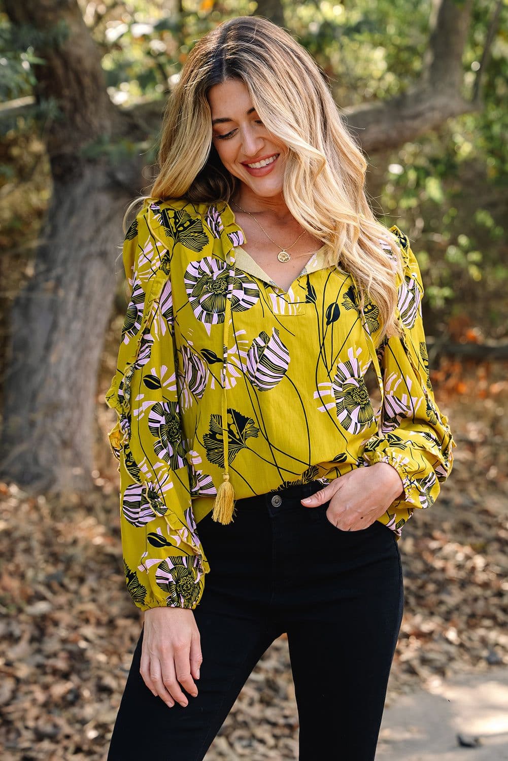 image-Yellow Vintage Floral V Neck Ruffle Trim Long Sleeve Blouse