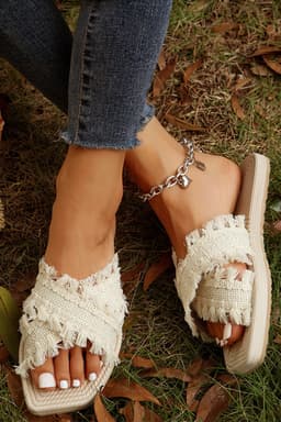 image-Woven Tassel Flat Slippers - Beige Crossed Straps