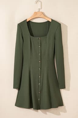 image-Rib Knit Square Neck Mini Dress - Green Long Sleeve