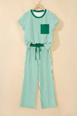 image-Khaki Stripe Crew Neck Tee Drawstring Waist Cropped Pants Set