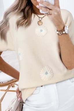 image-Beige Flower Pattern Short Sleeve Knitted Top