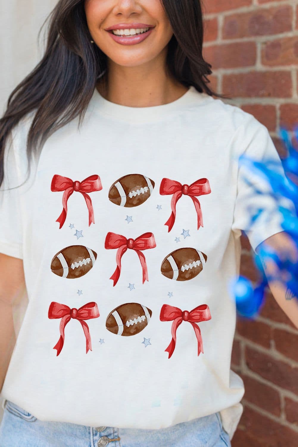 image-White Bowknot Rugby Graphic Crew Neck Tee
