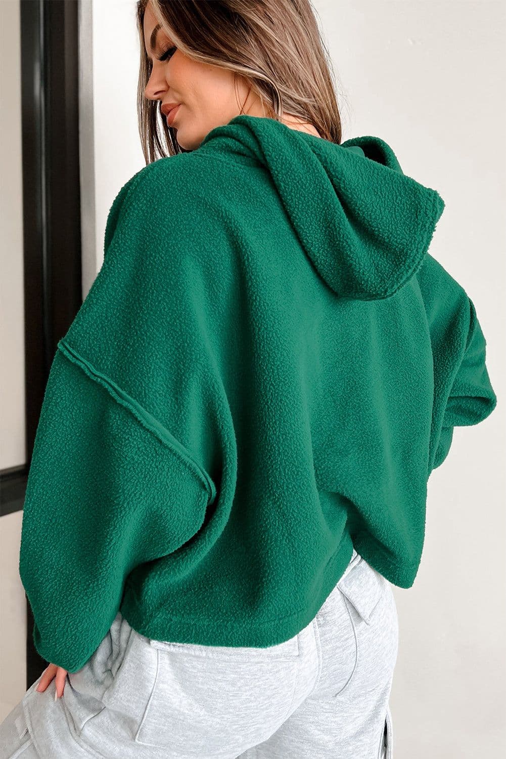 image-Dark Green Sherpa Fleece Drop Shoulder Hoodie