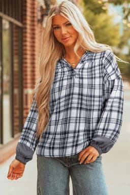image-Gray Plaid Patchwork Hooded Long Sleeve Blouse