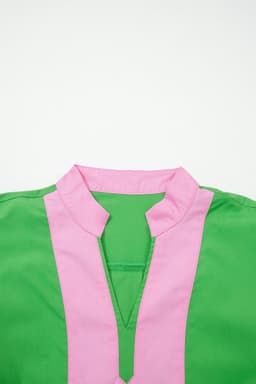 image-Bright Green Color Block Detail Split Neck Short Puff Sleeve Ruffle Hem Mini Dress