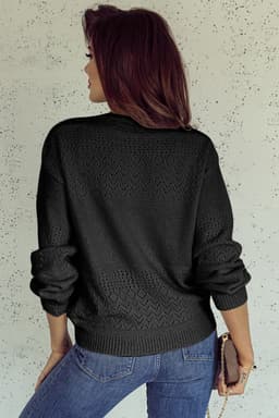 image-Sky Blue V Neck Eyelet Sweater Drop Shoulder
