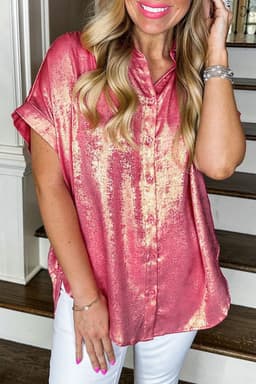 image-Pink Metallic Sheen Short Sleeve Buttoned Shirt