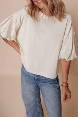 image-White Pearled Puff Sleeve Blouse - Round Neck Loose