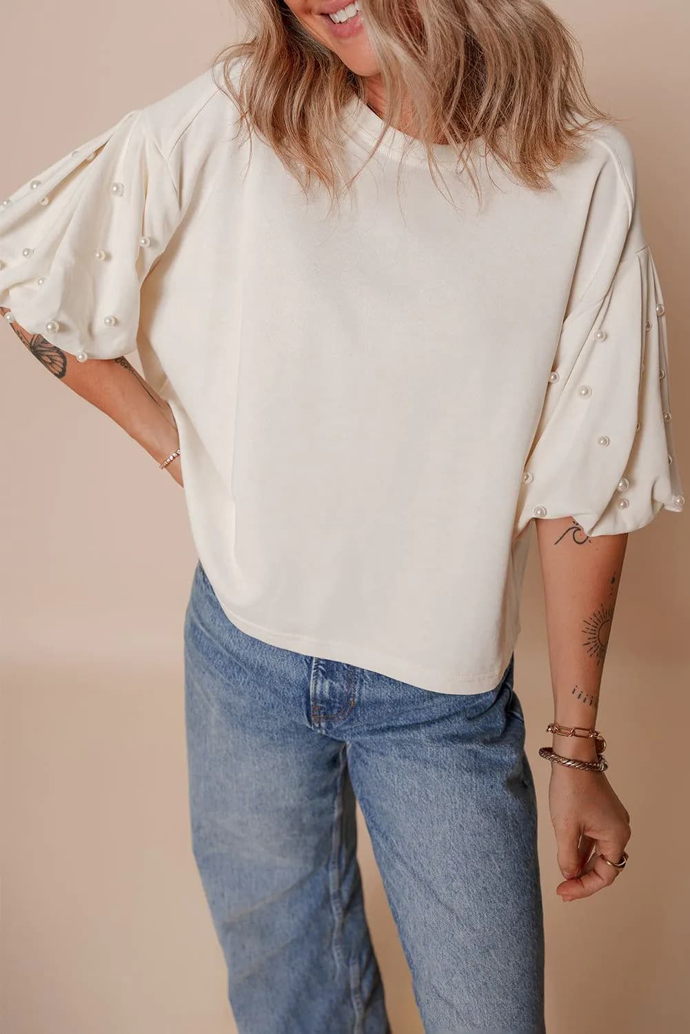 image-White Pearled Puff Sleeve Blouse - Round Neck Loose