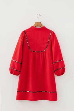 image-Fiery Red Textured V Neck Leopard Trim Shift Mini Dress