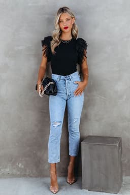 image-Dotty Mesh Ruffle Sleeve Ribbed Knit Top - Black