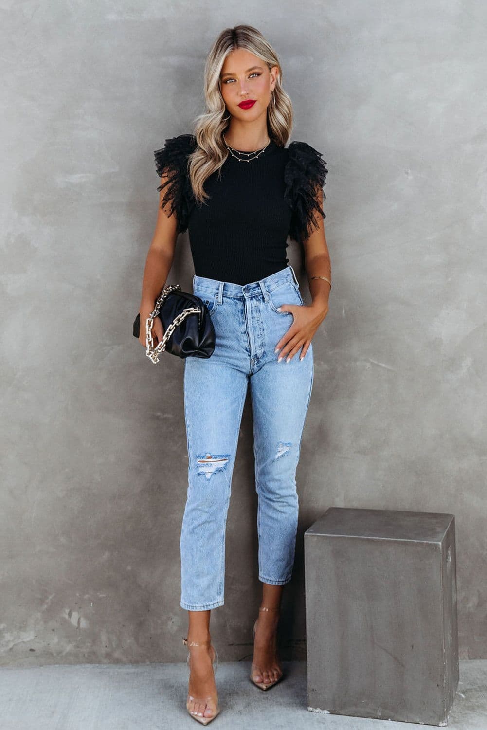 image-Dotty Mesh Ruffle Sleeve Ribbed Knit Top - Black