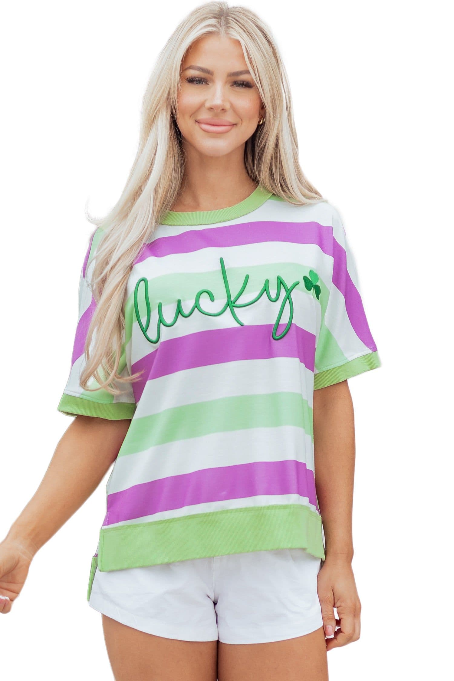 image-Green Stripe Lucky Clover Embroidered Graphic Dolman Loose Tee