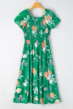 image-Floral Print Bubble Sleeve Midi Dress - Tiered Smocked Design (59 characters)