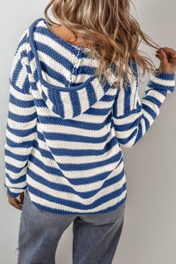 image-Blue Stripe V Neck Hooded Sweater with Pocket