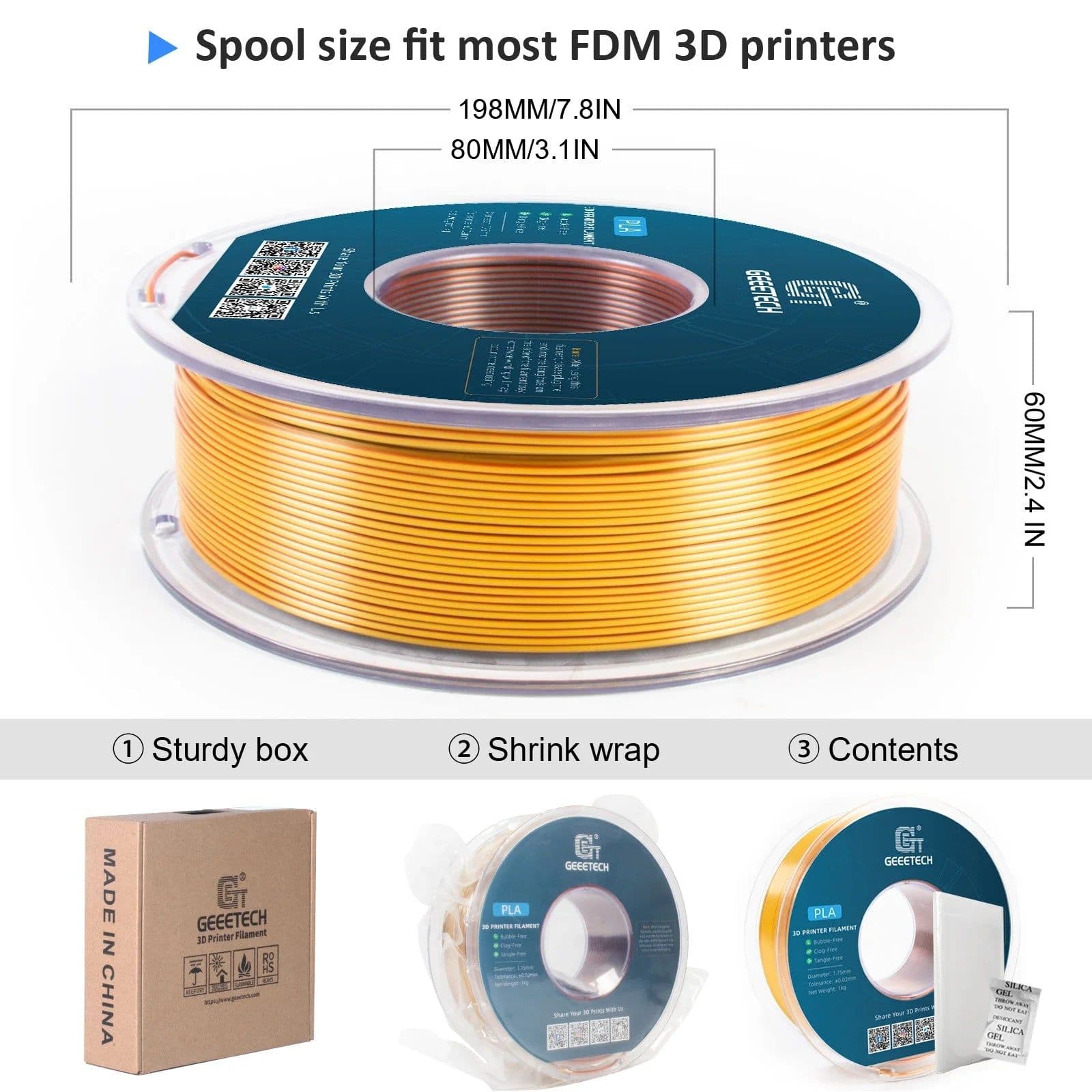 image-Geeetech Three Tri Color Silk PLA Filament , 3D Filament 1,75 mm 1KG Spool Wire (+/-0.03mm) Vacuum packaging, special color