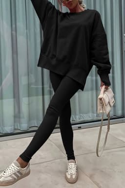 image-Black Solid Color Oversize Slit Sweatshirt Ribbed Leggings 2pcs Set