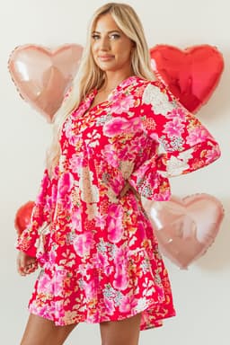 image-Floral Print High Waist V Neck Babydoll Mini Dress - Red (57 characters)