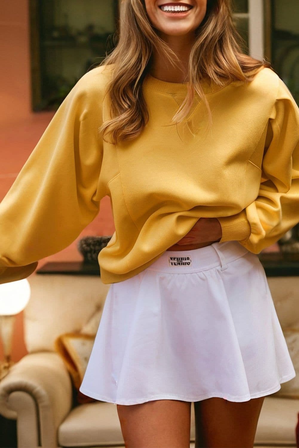 image-Citrus Pleated Balloon Sleeve Pullover Sweatshirt