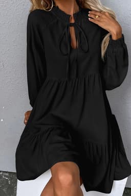 image-Black Tie Split Neck Smocked Puff Sleeve Dress