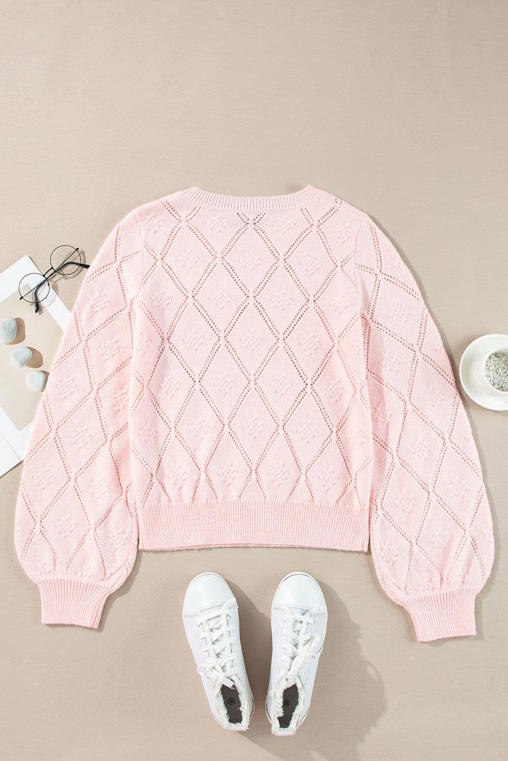 image-Pink Openwork Plaid Puff Sleeve Cropped Sweater