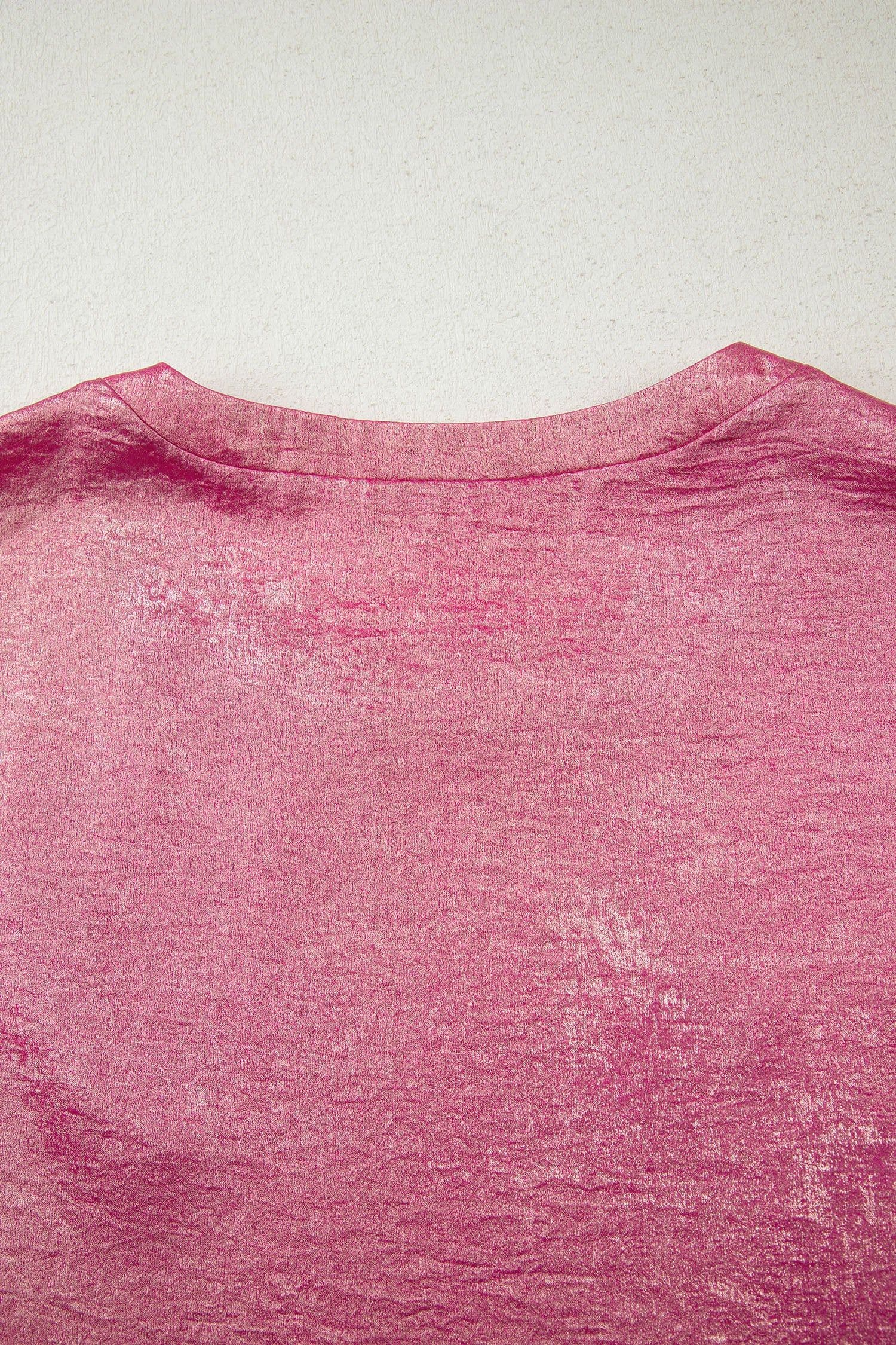 image-Bright Pink Metallic Round Neck Cap Sleeve Tee