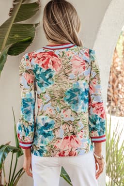 image-Sky Blue Floral Blouse V Neck Cuffed Sleeves