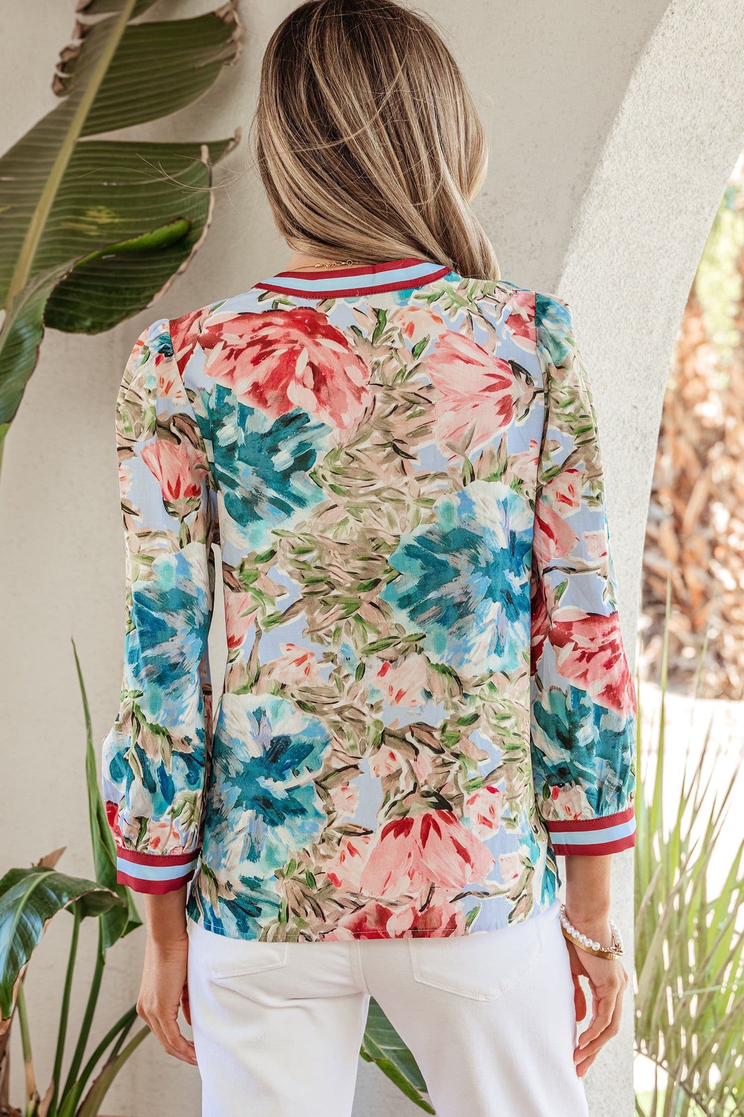 image-Sky Blue Floral Blouse V Neck Cuffed Sleeves