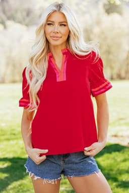 image-Fiery Red Striped Ruffled Blouse - Short Sleeve
