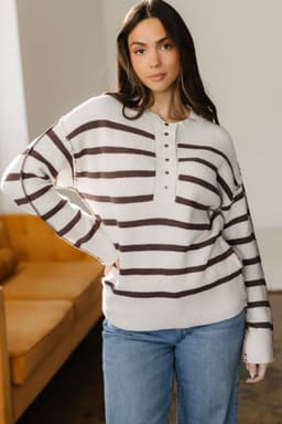 image-Brown Stripe Ribbed Henley Drop Shoulder Slouchy Sweater