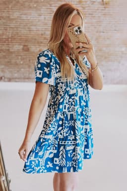 image-Blue Ricrac Trim Split Neck Floral Loose Dress