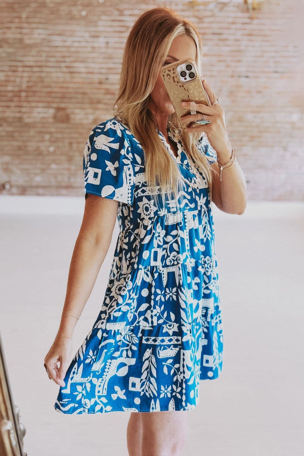 image-Blue Ricrac Trim Split Neck Floral Loose Dress