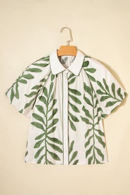 image-Green Leaf Print Short Balloon Sleeve Shirt