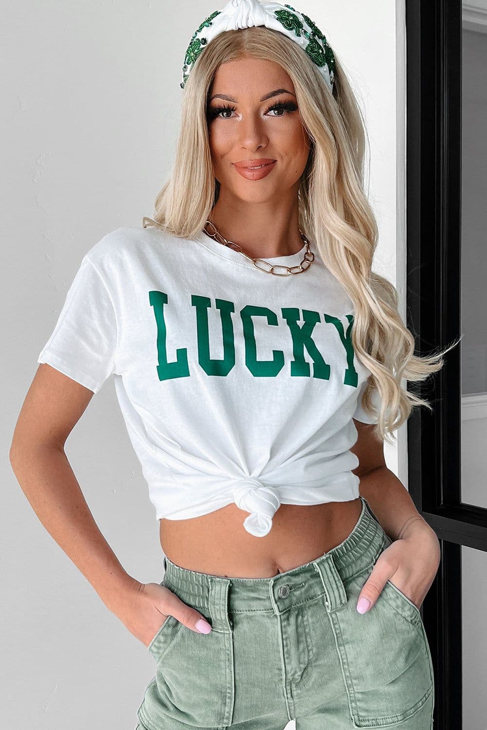 image-White LUCKY Printed Round Neck St Patricks T Shirt